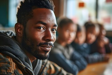 Obraz premium Smiling Black Elementary School Teacher in Classroom. Generative ai