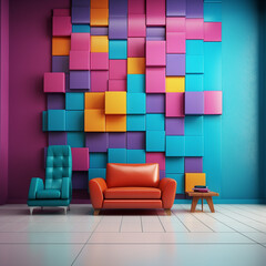  sofa in a room with colorful wall