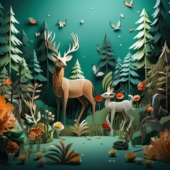 Fantasy Forest Scene with Deer and Faeries