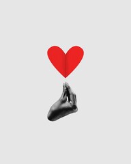 Female hand and red heart symbol over light background. Contemporary artwork. Minimalism. Concept...