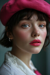 A girl with a pink beret and pink lipstick on her lips.