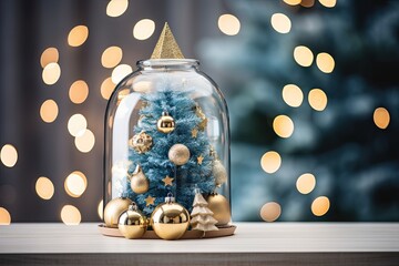 A delightful blue Christmas tree in a glass vase