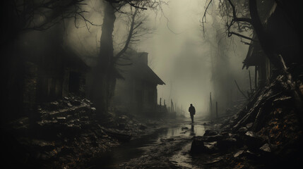 A Lonely Man Walking Through A Dark Village During Fog. Generative AI