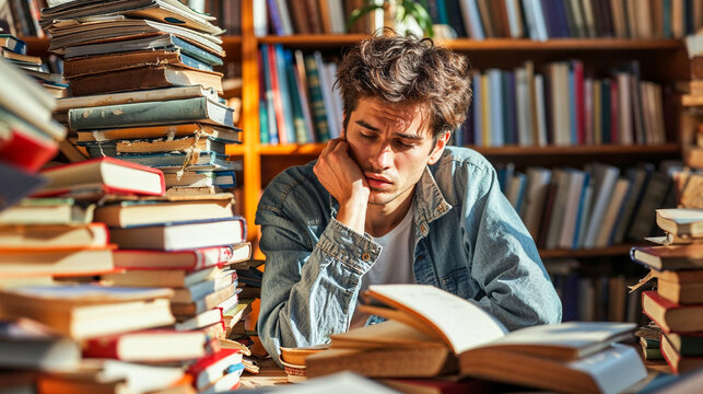 Young Man Engrossed in Research Amidst a Sea of Books