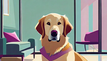 Illustration of a Golden Retriever breed dog inside a house