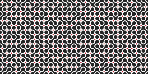 Seamless pattern with circle connect shape. Metaball dots icon. Integration technology symbols. Abstract point movement. Transition round blobs. Vector texture illustration Isolated white background. - obrazy, fototapety, plakaty
