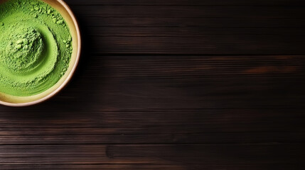Matcha tea powder in a wooden plate on dark background with whisk, top view, copy space. Generative AI
