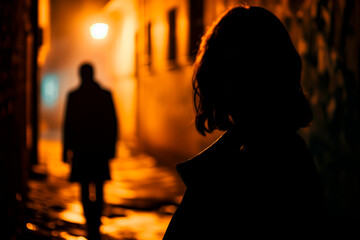 Tense scene of a woman being followed by a man in a dark alley at night. Concept of crime and assault against women.
