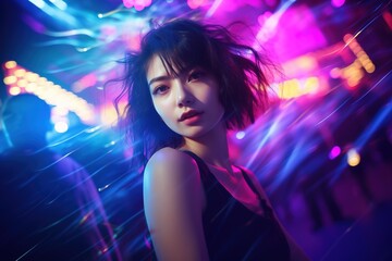 Fototapeta na wymiar Portrait of young beautiful asian woman dancing in night club.