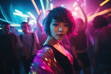 Portrait of young beautiful asian woman dancing in night club.