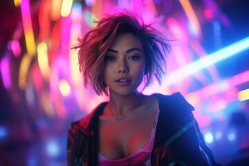 Portrait of young beautiful asian woman dancing in night club.