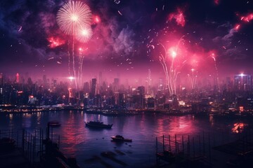 Fototapeta na wymiar Bursting Fireworks over a major city skyline