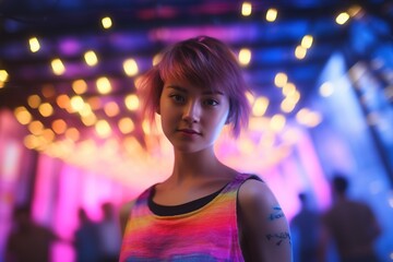 Portrait of young beautiful asian woman dancing in night club.