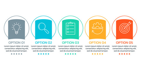5 step, option infographic with business icons. Process diagram, timeline info graphic design elements. Modern layout, flowchart, text banner design template. Vector illustration.