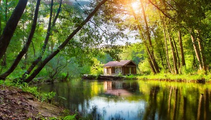 Fototapeta na wymiar summer landscape a house in the forest by the river
