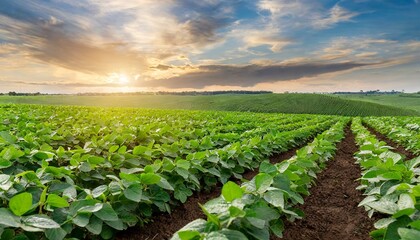 agricultural soy plantation on sunny day green growing soybeans plant with sunlight on field