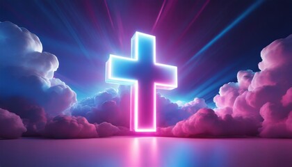 3d render mystical cloud and cross sign glowing with pink blue neon light abstract background