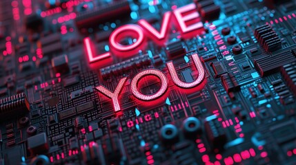 love you text for valentines in shape of computer chip with neon text ontop