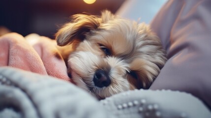 Sleeping Dog on Bed with Blanket