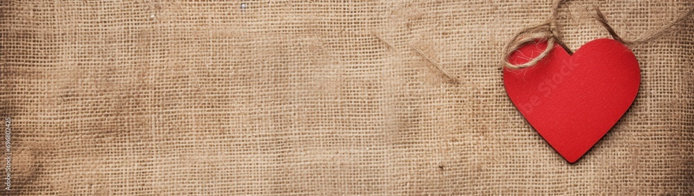 Poster a rustic valentine's card with a burlap texture background and a red heart cutout, offering plenty o
