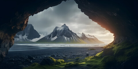 Mountains, water and black sand in Iceland. - obrazy, fototapety, plakaty