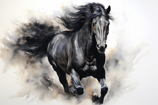 black horse running painting illustration