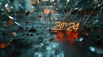 smashed glass on concrete floor with 2024 new year neon logo - obrazy, fototapety, plakaty