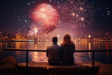 Couple Watching Fireworks Over Water