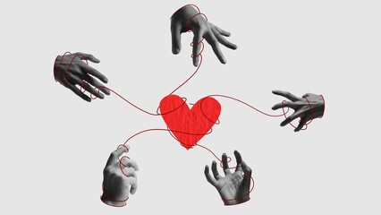 In desire of love. Human hands connecting to heart with string. Contemporary art. Minimalism....