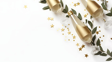 New year party, celebration. Bottle of champagne wine, drinking glasses and olive tre branches isolated on white table background. Golden star confetti decor. Birthday, anniversary. Flat lay, to - obrazy, fototapety, plakaty