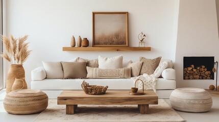 Fototapeta na wymiar Minimal, modern , elegant, neutral, cozy and white bohemian, boho living room with a sofa and plants. soft earthy colors. Interior furniture design inspiration.