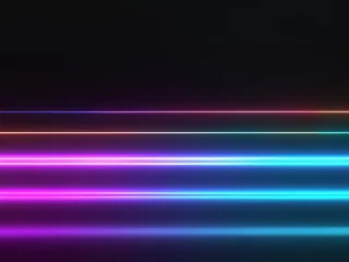 Fotobehang Fond d'écran abstrait néon. Lignes dynamiques lumineuses sur fond noir. Trajectoire de dessin de lumière. © Pyc Assaut