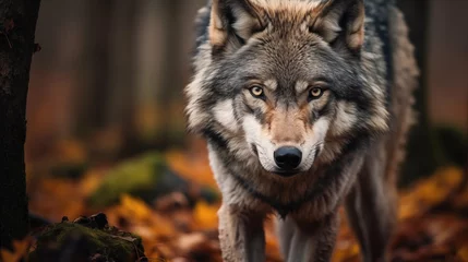 Fotobehang A Gray Wolfs Piercing Gaze In Its Woodland Domain Lone Wolf In A Gray Coat Of Fur © Ян Заболотний