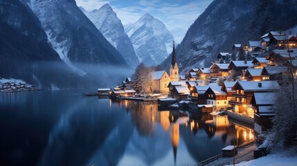 Hallstat Village A Picturesque Winter Oasis By A Lake - obrazy, fototapety, plakaty