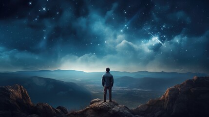 Stargazing On A High Rock Man Mesmerized By The Night Sky