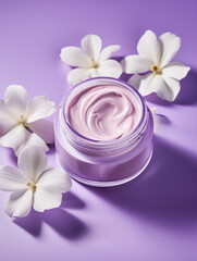 mockup of lilac cream in a jar with white flowers on a purple background. advertisement for facial cosmetics