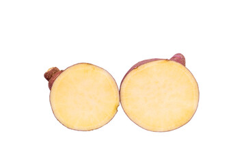 This is a cross section of a purple sweet potato. white background
