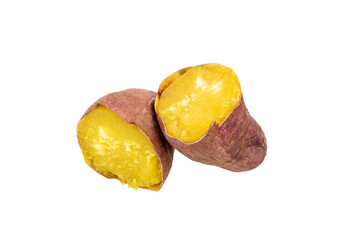 A yellow cross section of a purple roasted sweet potato. Transparency background