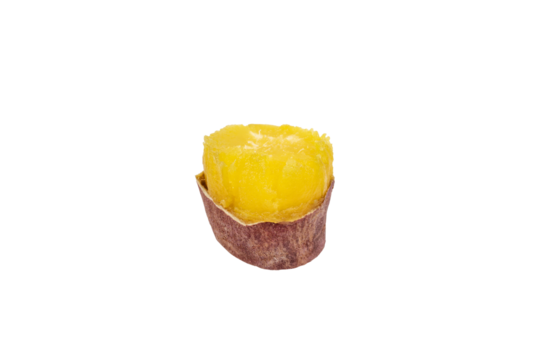 A yellow cross section of a purple roasted sweet potato. Transparency background