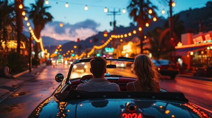 In love, finding the right one, young couple driving in a convertible through a small town with fairy lights towards the sunset, blue hour, generative AI - obrazy, fototapety, plakaty