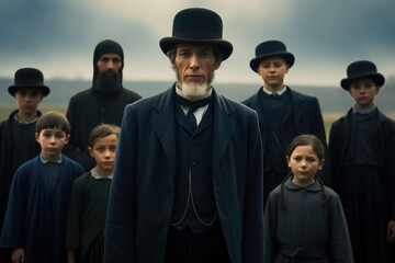 Portrayal of Amish people, traditional lifestyle, close bonds of community, rural simplicity, values of cultural richness, traditions of close-knit family friendly living group. village Country life.