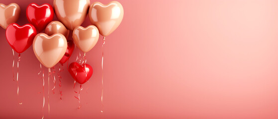 Beautiful pastel red Valentine's Day background with pastel gold heart balloons, center copy space, generative ai