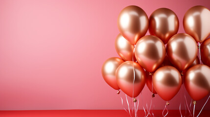 Beautiful pastel red Valentine's Day background with pastel gold heart balloons, center copy space, generative ai