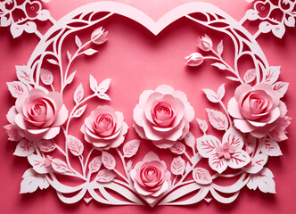 Valentine background card mockup with pink roses and a blank sheet in the middle for writing greetings in kirigami style