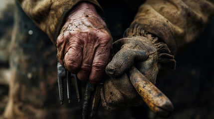 Tools of the Trade: Close-up of weathered hands holding ancient tools, capturing the essence of the meticulous work that goes into archaeological discoveries