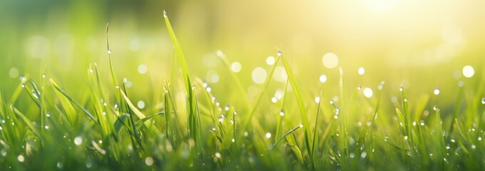 Background banner format of fresh with water dew drops on  grass field and sun light.