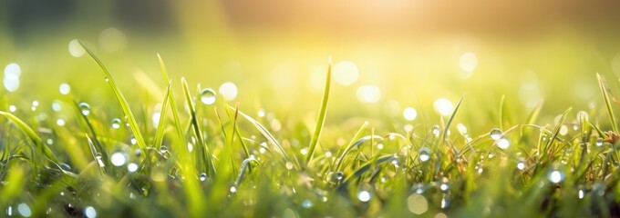 Background banner format of fresh with water dew drops on  grass field and sun light.