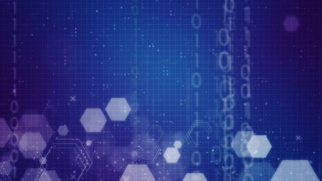 hexagon shape with abstract geometric moving motion particles data binary code for technology futuristic background design. Clean hexagonal digital element pattern with empty space animation video.