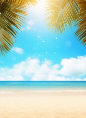 Fototapeta na wymiar Background with frame, nature of tropical golden beach sand with rays of sun light and leaf palm. close-up, sea, blue sky, white clouds. space, summer vacation concept.