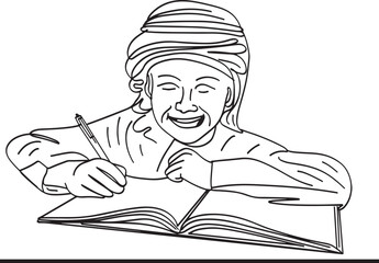 Back to school sketch of Arabic little boy doing homework, Cartoon illustration of happy Arab school boy studying at desk, Muslim school boy engaged in homework